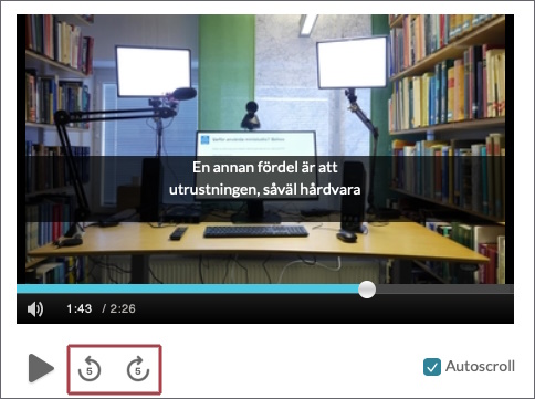 Inzoomning på videospelaren. Ikonerna för att hoppa i videon är markerade.