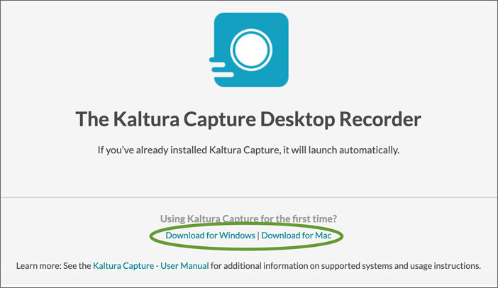 Infosida om att Kaltura Capture öppnas, med markerade nedladdningslänkar längst ned.