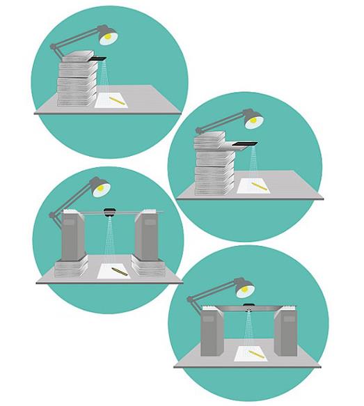 Four illustrations of makeshift document camera rig for smartphone