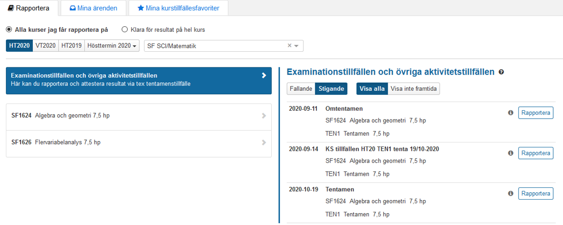 rapportera på examinationstillfällen