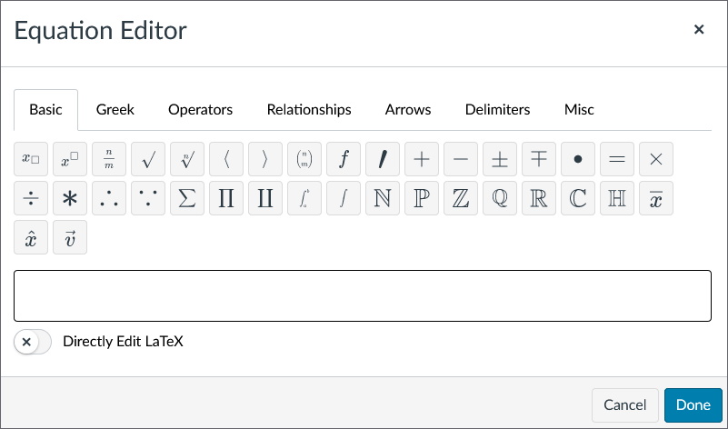 Canvas Math Editor, on the "Basic" tab. The tab has common mathematical expressions.