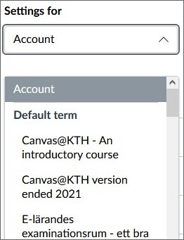 Drop-down menu for notification settings. Account is at the top, below is a course list.