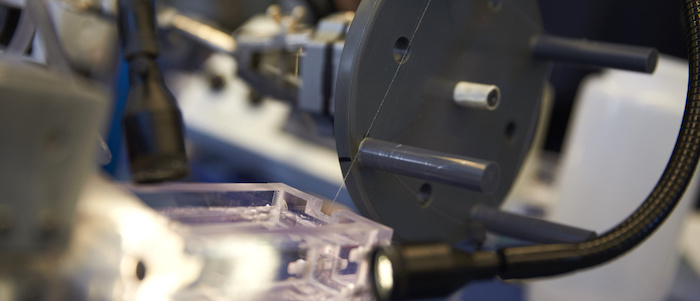 The picture shows nanocellulose being spun from a water bath