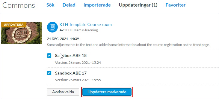 Skärmbild fliken Uppdateringar (1) som visar kursrumsmallen. "Uppdatera markerade" är markerad.