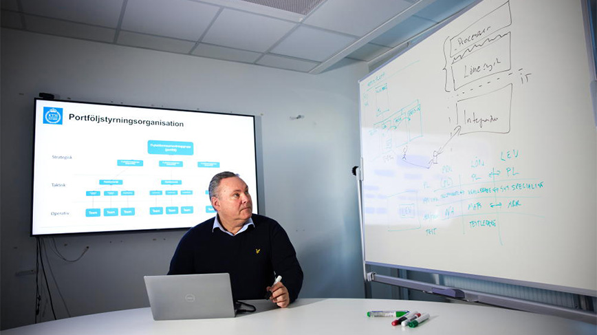 A man in front of a screen and a whiteboard.