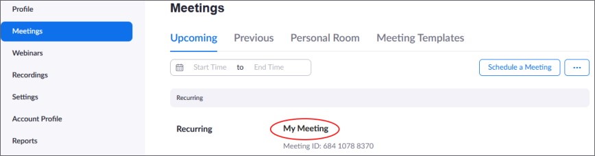 Zoom website under "Meetings". The recurring meeting "My meeting" is highlighted.