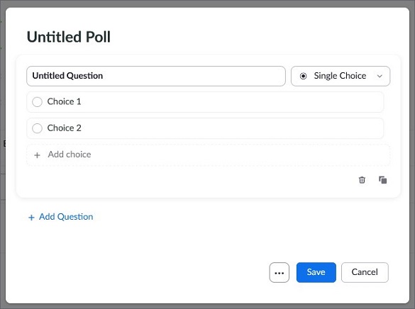 Polls pop-up window with an Untitled Poll with 2 choices.