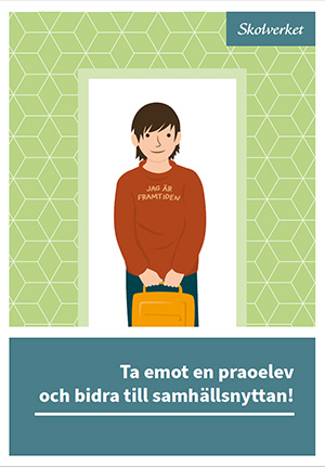 Framsidan på en brochyr: en illustration föreställande en kortklippt ungdom med en väska i handen.