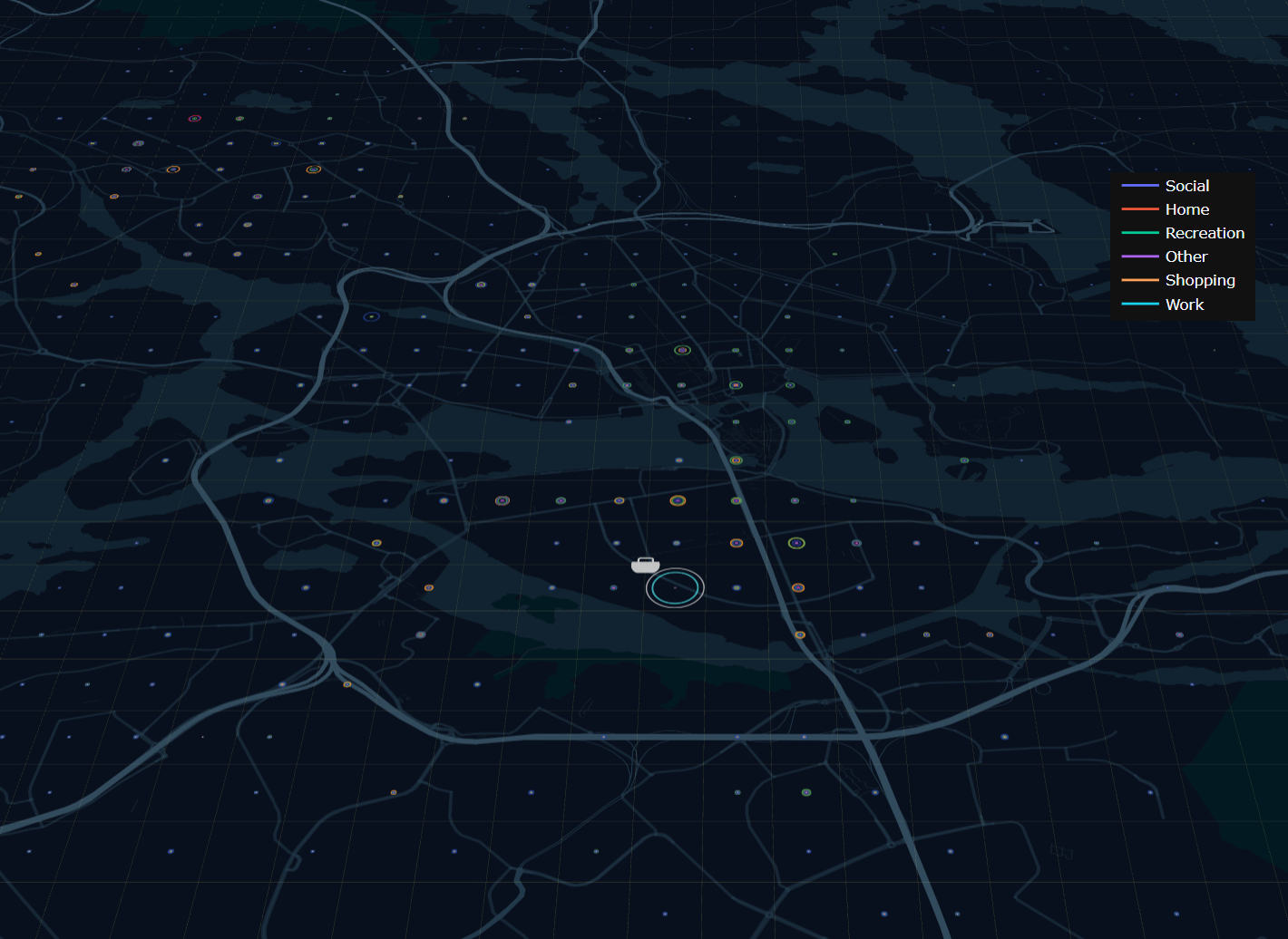Bild som visar sannolikheten att välja en zon och göra en av de färgade aktiviteterna visualiseras a