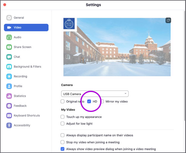 Fliken Video i Zooms "Settings" visar kryssrutan för HD under "Camera".