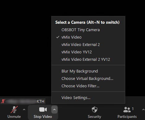 Ett flertal kameror listas i videoknappens meny.