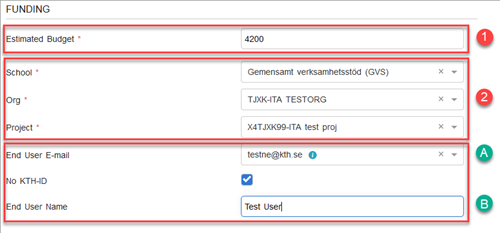 Fill in the fields with total sum, school, org. code, projevt number och end user.