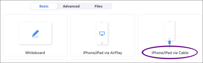 Zoom screen sharing box on the Basic tab. The iPhone/iPad via Cable option is highlighted.
