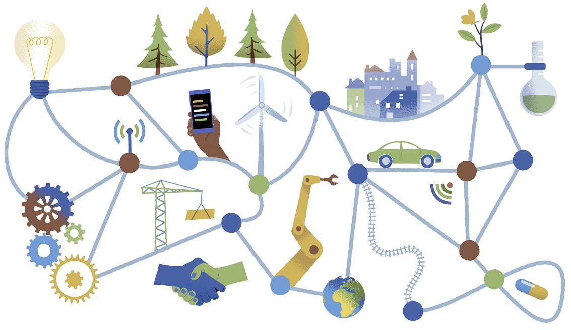 An illustration with different icons connected to research. 
