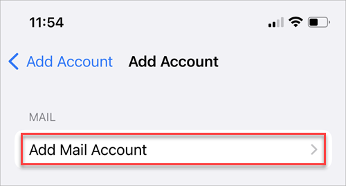 "Add Mail Account" is selected