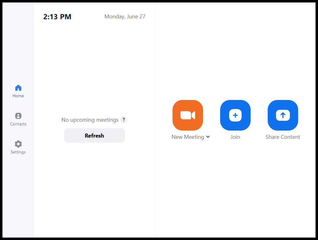 Skärmbild visar knapparna "New Meeting", "Join" och "Share Screen". Även knappen "refresh" visas