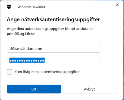 Fält där du anger autentiseringsuppgifter visas upp.