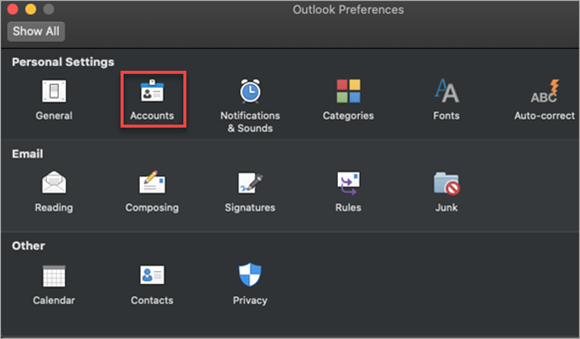 "Accounts" button in Outlook Preferences is marked.