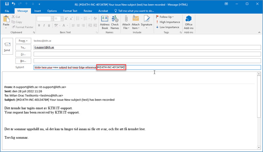 Reference number in Subject field in Outlook e-mail is marked.