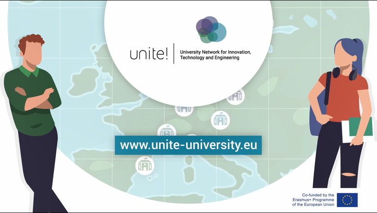 Drawing of two students by a map of Europe with the Unite! logotype and URL.