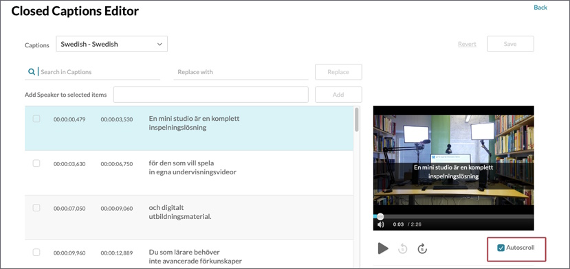 A video opened in the closed captions editor. The checkbox for Autoscroll is ticked and highlighted.