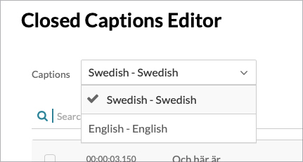 Closed Captions Editor with available captions in a drop-down menu.