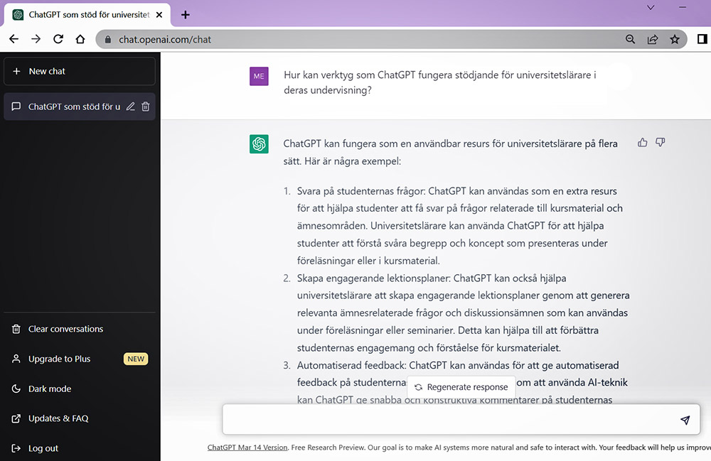 Skärmdump som visar hur en dialog med ChatGPT kan se ut.