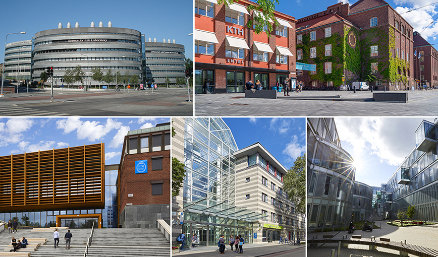Kollage av fem bilder från olika campus.