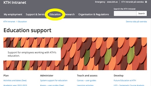 Screenshot: Education support start page. "Education" in menu marked with yellow circle.