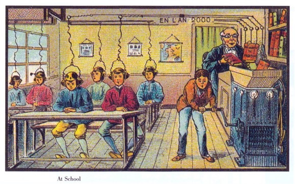 Illustration of students connected to a machine by wires. The machine looks like a mill.