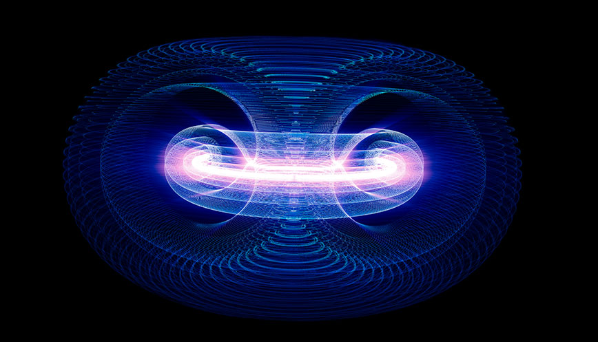 Fusion energy flows through a tokamak fusion reactor.