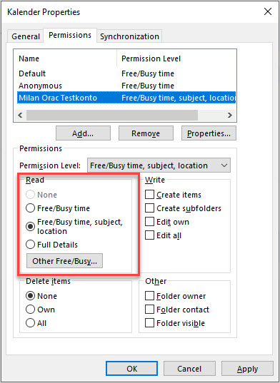 Screenshot: "Read" box in the Permission tab of the Calendar properties is highlighted.