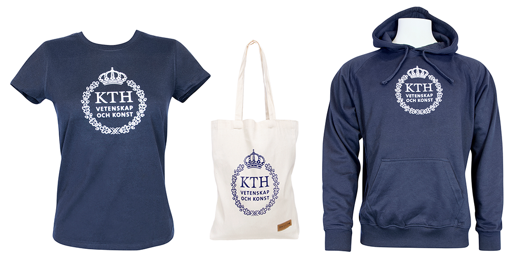Two shirts and one bag with KTH logotype on white background