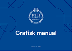 Vit text med orden grafisk manual oh vit krona som är KTH.s logotyp mot blå bakgrund.