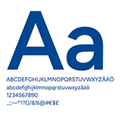 The letter 'a' and the alphabet in different sizes, blue text on white background.