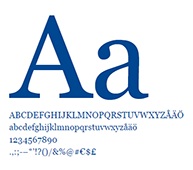  The letter 'a' and the alphabet in different sizes, blue text on white background.