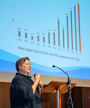 Krisitna Edström speaking at a symposium