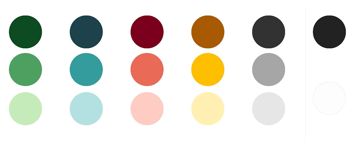 Cirklar som är placerade på olika rader och fyllda med färger i olika nyanser.