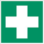 Symbol för medicinsk vård. vitt kors på grön botten.