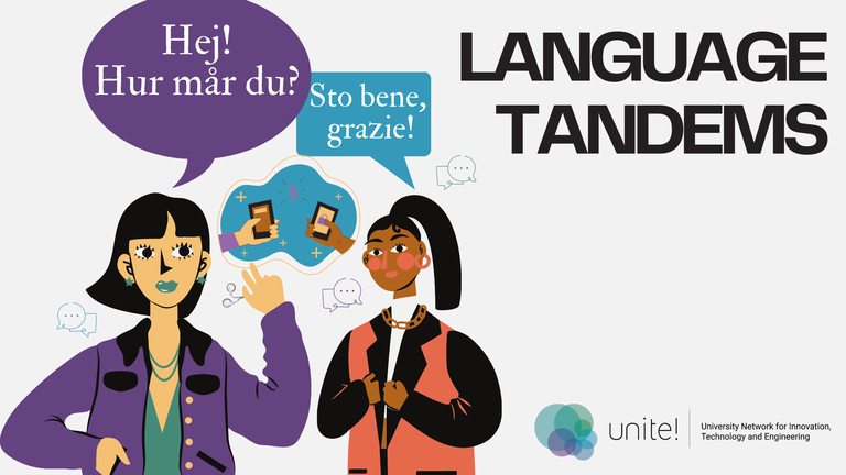 Cartoon-like images of people speaking different languages