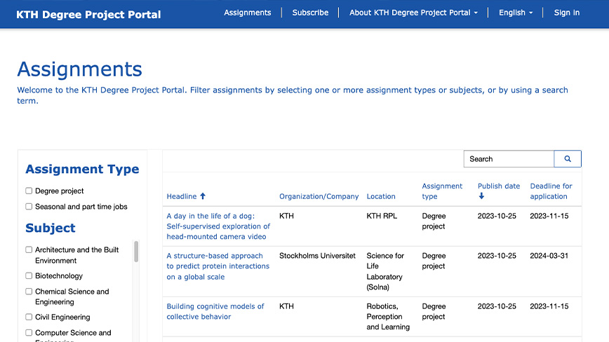 Degree project portal at KTH