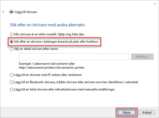 "Sök efter skrivare i katalogen baserat på plats eller funktion" valet är markerad.