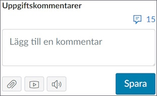 Kommentarsfältet i SpeedGrader, med knappar för att bifoga filer och mediakommentarer.