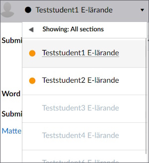 Drop-down list of students in SpeedGrader. Two have an orange dot by their name.