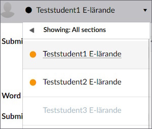 Drop-down list of students in SpeedGrader. Two have an orange dot by their name.