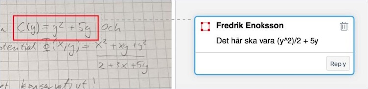 Scanned exam with a comment correcting an incorrect equation.