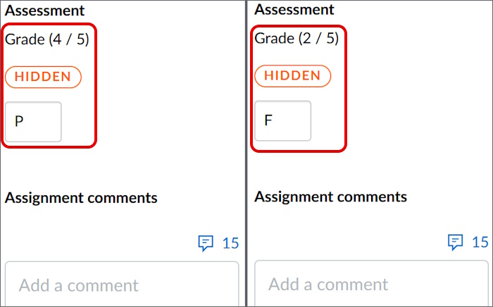 The grade in SpeedGrader for two assignments, one four out of five (P), the other two out of five.