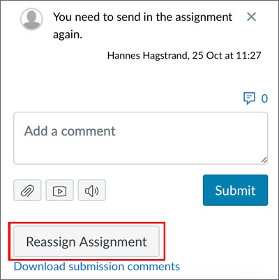 The comments field in SpeedGrader with the "Reassign assignment" button highlighted.
