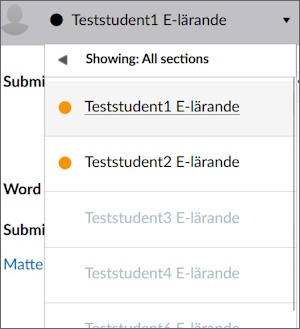 Dropdown list of students in SpeedGrader. Two have an orange circle by their name.