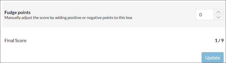 Fudge points box for a quiz and grand total for the entire quiz, followed by the update button.